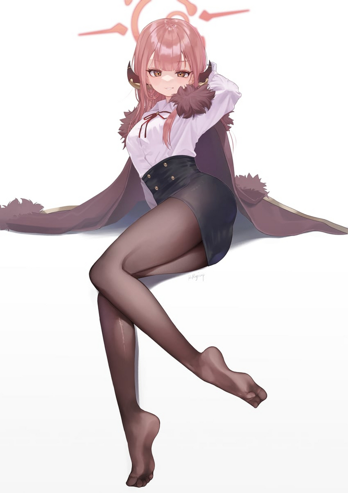 Aru - NSFW, Anime, Anime art, Blue archive, Rikuhachima Aru, Tights, Office workers, Girl with Horns