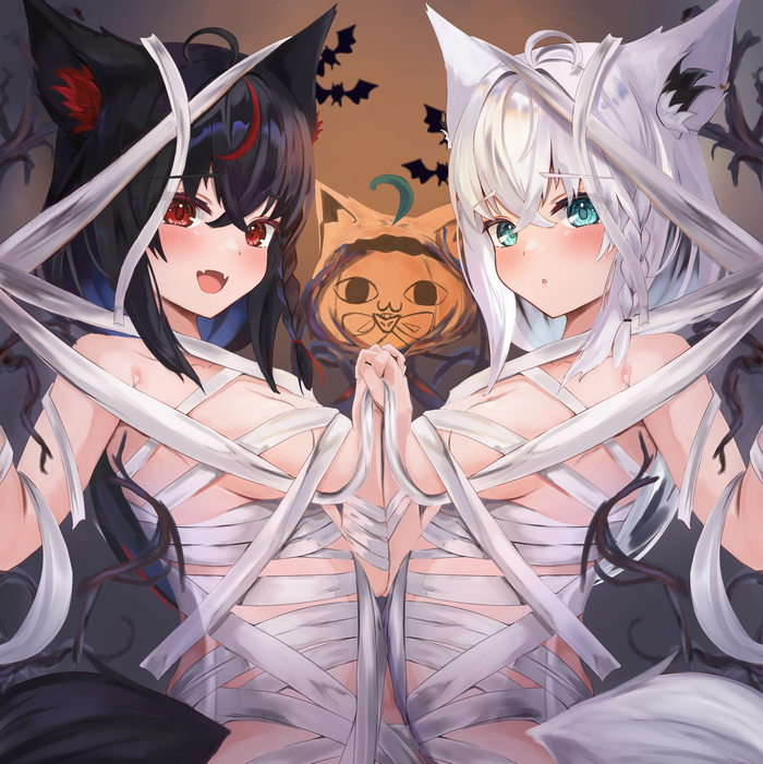 Kurokami & Shirakami - NSFW, Anime, Anime art, Art, Hololive, Virtual youtuber, Kurokami Fubuki, Halloween, Animal ears, Shirakami fubuki