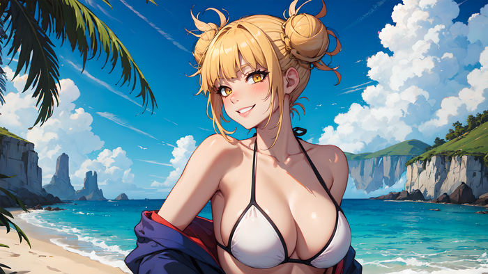 Himiko Toga Ai - NSFW, My, Anime, Stable diffusion, Neural network art, Toga himiko, Nudity, Erotic, Boobs, Bikini, Beach, Art, Longpost, Boku no hero academia