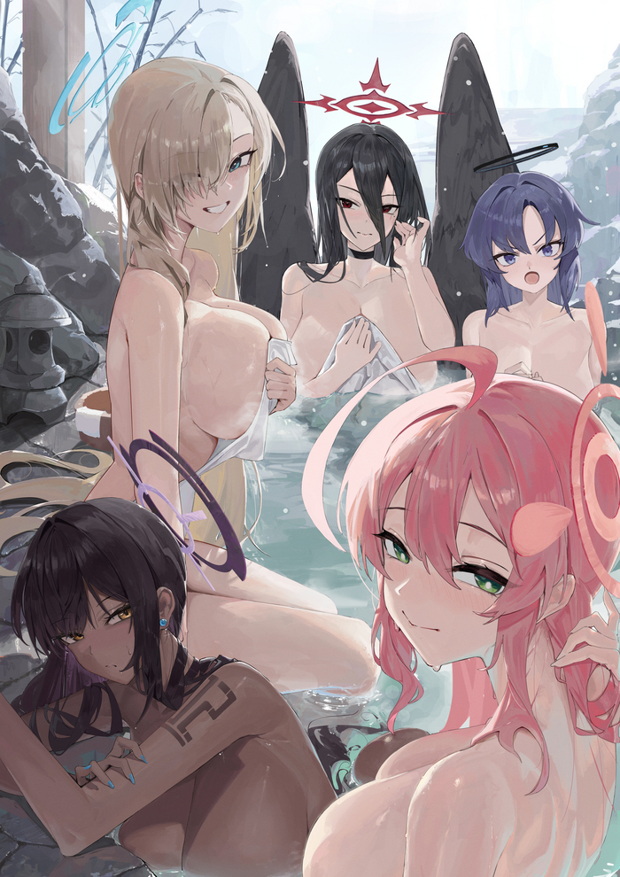 Blue Archive - NSFW, Anime, Anime art, Art, Girls, Blue archive, Kakudate karin, Hanekawa hasumi, Hayase Yuuka, Urawa Hanako, Games, The hot springs, Hand-drawn erotica, Boobs, Twitter (link), Ichinose asuna