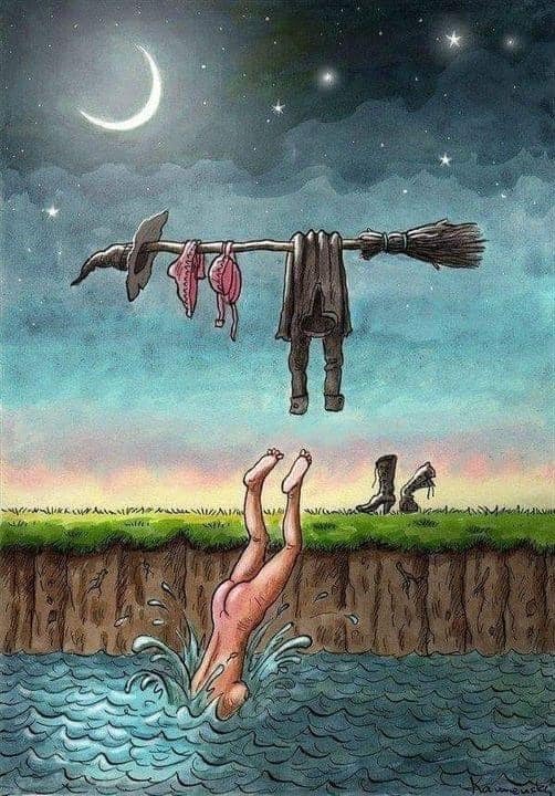 Night Ablution - NSFW, Images, Caricature, Water procedures, Humor, Witch's Broom, Witches