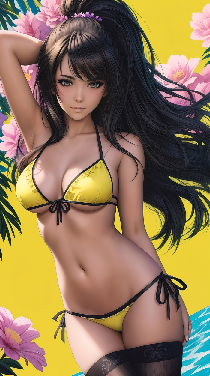 Yellow - NSFW, My, Art, Neural network art, Stable diffusion, Girls, Phone wallpaper, Flowers, Bikini, Erotic