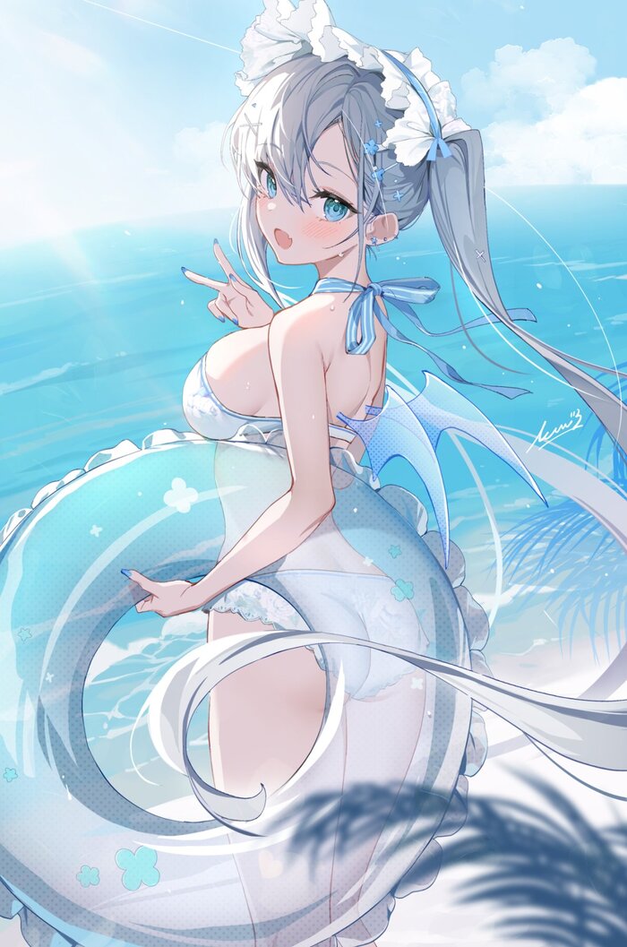 Let's swim? - NSFW, Anime art, Original character, Anime, Swimsuit, Sea, Inflatable circle