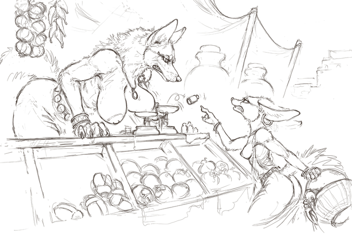 Incident at the Bazaar - NSFW, Furry, Anthro, Furry canine, Furry fennec, Furry jackal, Hotchkisstank, Boobs, Furotica female