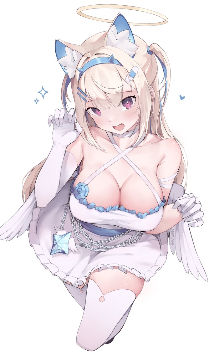 Angel Fuwawa - NSFW, Anime art, Anime, Art, Fuwawa Abyssgard, Hololive, Virtual youtuber, Namiorii, Boobs, Angel, Erotic, Hand-drawn erotica, Animal ears, Longpost, Mococo Abyssgard