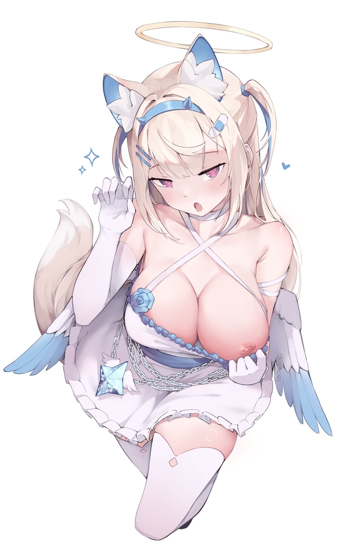 Angel Fuwawa - NSFW, Anime art, Anime, Art, Fuwawa Abyssgard, Hololive, Virtual youtuber, Namiorii, Boobs, Angel, Erotic, Hand-drawn erotica, Animal ears, Longpost, Mococo Abyssgard