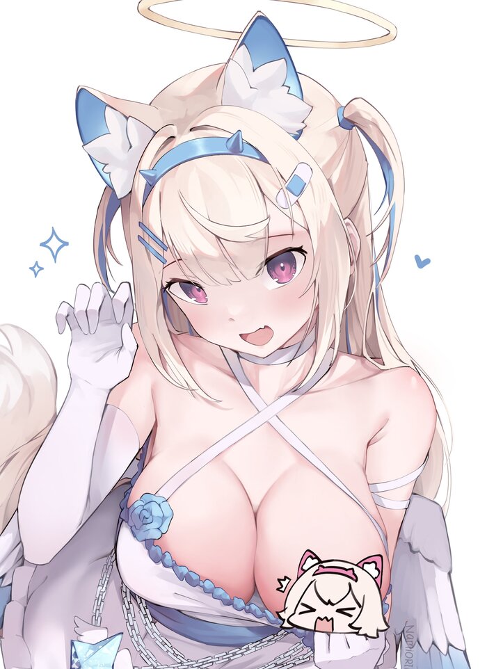 Angel Fuwawa - NSFW, Anime art, Anime, Art, Fuwawa Abyssgard, Hololive, Virtual youtuber, Namiorii, Boobs, Angel, Erotic, Hand-drawn erotica, Animal ears, Longpost, Mococo Abyssgard