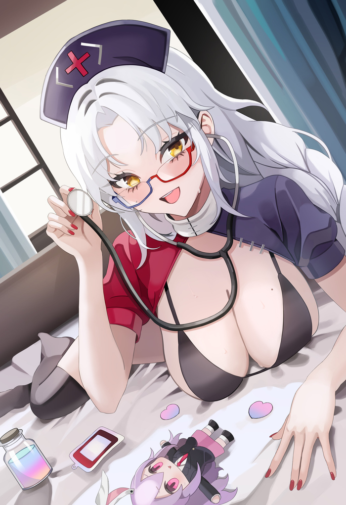 I need to listen to you! - NSFW, Touhou, Yagokoro eirin, Art, Anime, Anime art, Nurses, Boobs, Swimsuit, Erotic, Hand-drawn erotica, Megane, Glasses