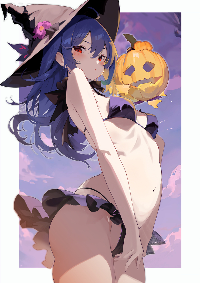 Witch Tenshi - NSFW, Touhou, Hinanawi tenshi, Art, Anime, Anime art, Swimsuit, Halloween, Witches, Halloween pumpkin, Erotic, Hand-drawn erotica, Tetsurou