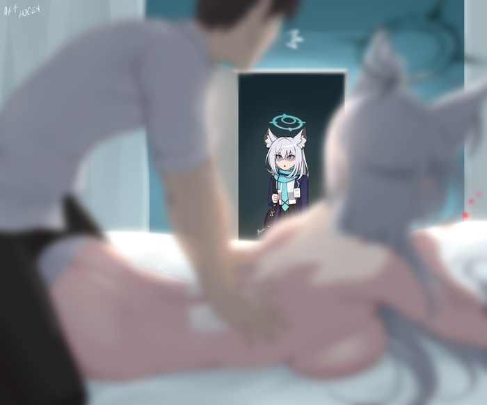 Sensei? - NSFW, Hosen Hocen, Art, Anime, Anime art, Erotic, Blue archive, Sunaookami shiroko, Animal ears, Twitter (link), Hand-drawn erotica