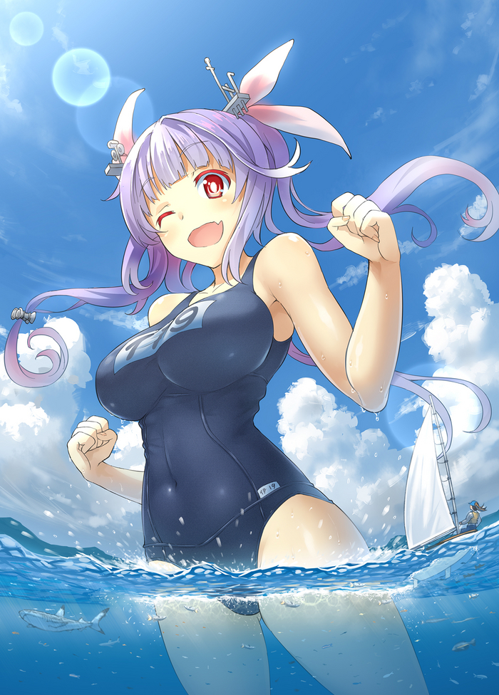 On the sea! - NSFW, Giantess, Swimsuit, Water, A boat, i-19, Kuro oolong, Anime art, Kantai collection