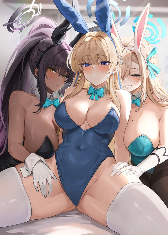 Зайки - NSFW, Аниме, Anime Art, Blue archive, Kakudate Karin, Ichinose Asuna, Bunnysuit, Bunny Ears, Чулки, Asuma Toki