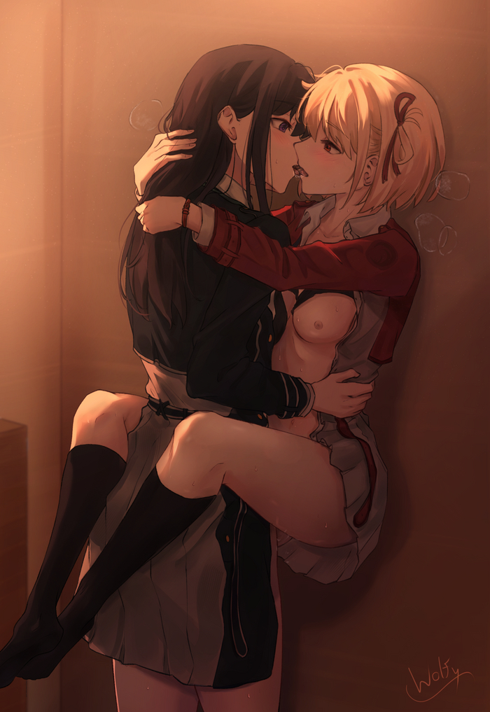 Lycoris - NSFW, Anime art, Anime, Yuri, Lycoris Recoil, Inoue Takina, Boobs, Kiss, Nishikigi Chisato