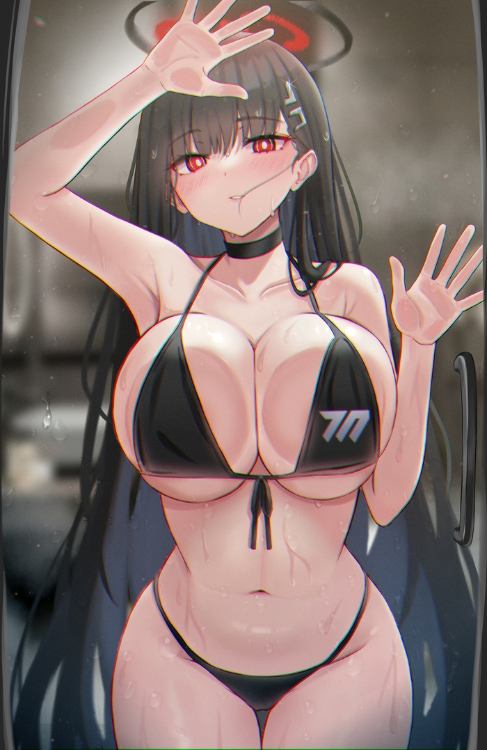 Tsukatsuki Rio - NSFW, Erotic, Art, Tsukatsuki Rio, Girls, Boobs, Shower, Swimsuit, Glass, Steam, Hand-drawn erotica, Game art, Anime art, Red eyes, Longpost