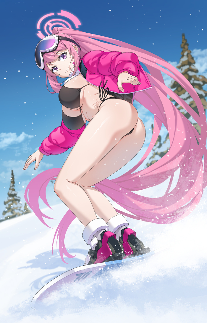 Snowboard - NSFW, Anime, Anime art, Art, Blue archive, Booty, Winter, Snowboard, Erotic, Hand-drawn erotica, Izumimoto Eimi, Swimsuit