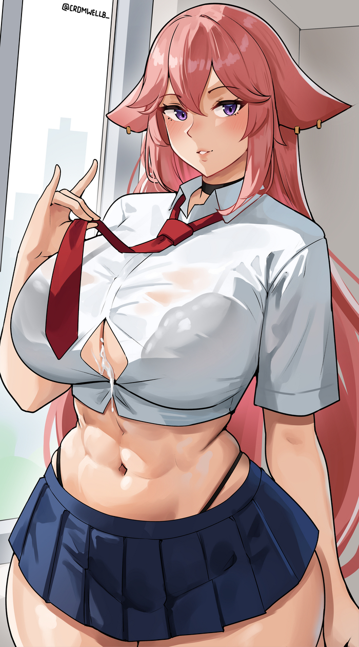 Yae - NSFW, Genshin impact, Yae Miko (Genshin Impact), Art, Girls, Games, Anime art, Anime, Animal ears, Cromwellb, Boobs, Hand-drawn erotica, Strong girl, Muscleart