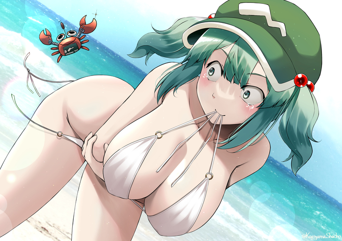 Крабуэ атакует! - NSFW, Touhou, Kawashiro Nitori, Арт, Аниме, Anime Art, Сиськи, Купальник, Море, Пляж, Эротика, Рисованная эротика, Kagiyama shachou