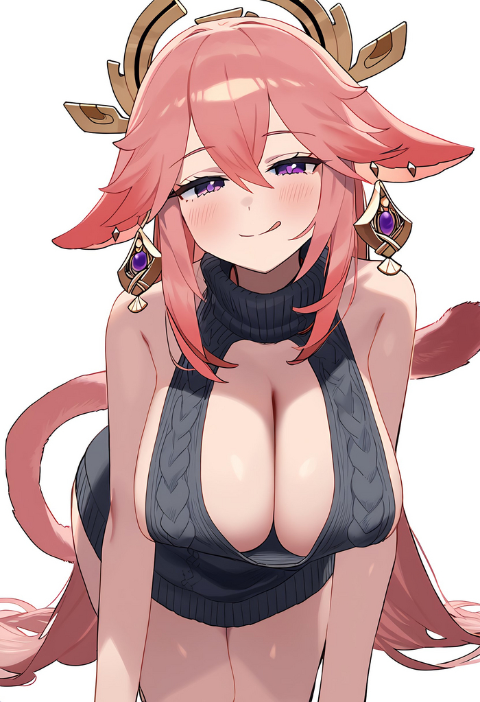 Continuation of the post Horny - NSFW, Reply to post, Yae Miko (Genshin Impact), Virgin killer sweater, Twitter (link), Pullover, Animal ears, Boobs, Hand-drawn erotica, Anime, Anime art, Games, Girls, Art, Genshin impact