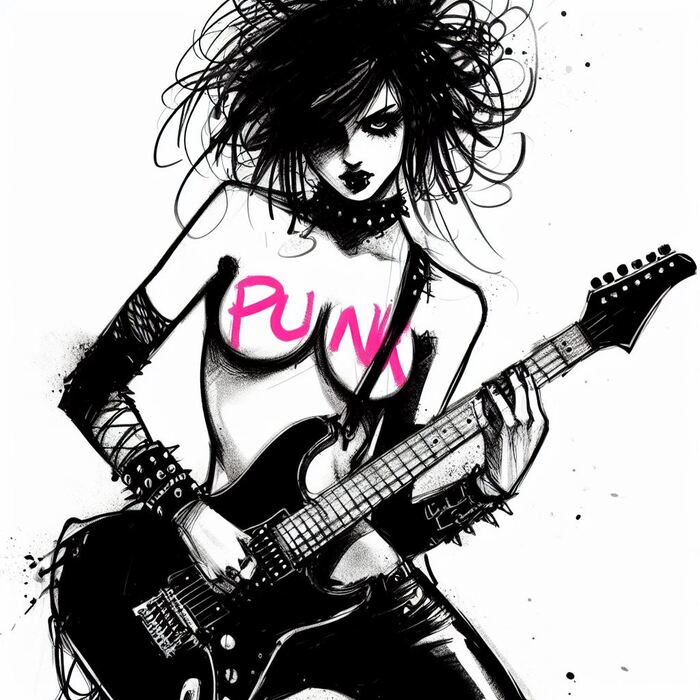 Punk Love - NSFW, Моё, Арты нейросетей, Нейронные сети, Арт, Девушки, Эротика, Сиськи, Рок, Панк-Рок, Гитара, Скетч, Dall-e, Длиннопост