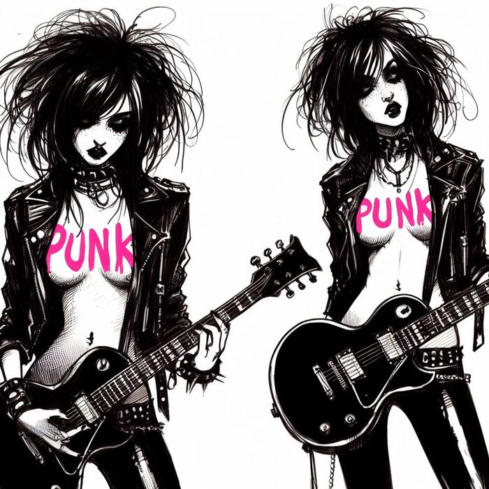 Punk Love - NSFW, Моё, Арты нейросетей, Нейронные сети, Арт, Девушки, Эротика, Сиськи, Рок, Панк-Рок, Гитара, Скетч, Dall-e, Длиннопост