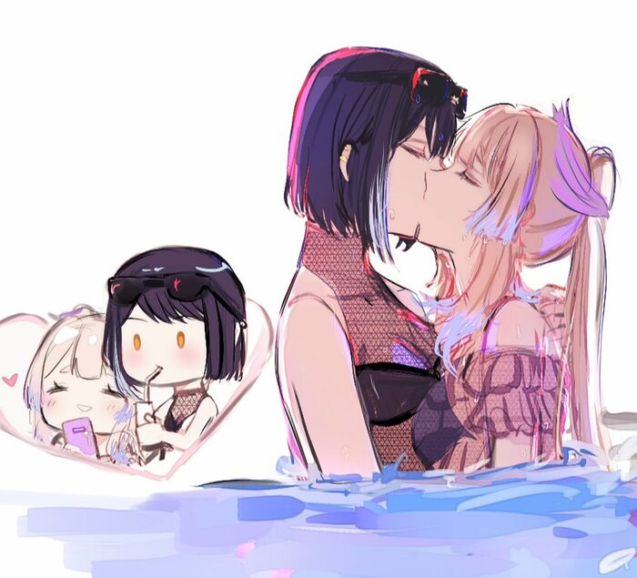 Kokomi & Sara - NSFW, Anime art, Anime, Yuri, Genshin impact, Sangonomiya Kokomi, Kujou Sara (Genshin Impact), Swimsuit, Kiss, Twitter (link)