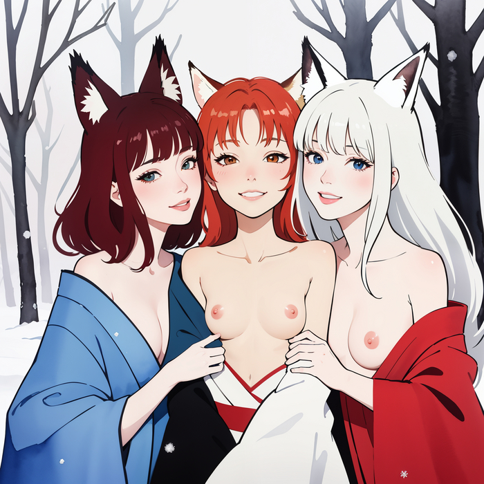 Witty title of a post about three foxes - NSFW, My, Neural network art, Нейронные сети, Girls, Art, Stable diffusion, Anime art, Original character, Kitsune, Fox, Kimono, Boobs, Winter, Forest