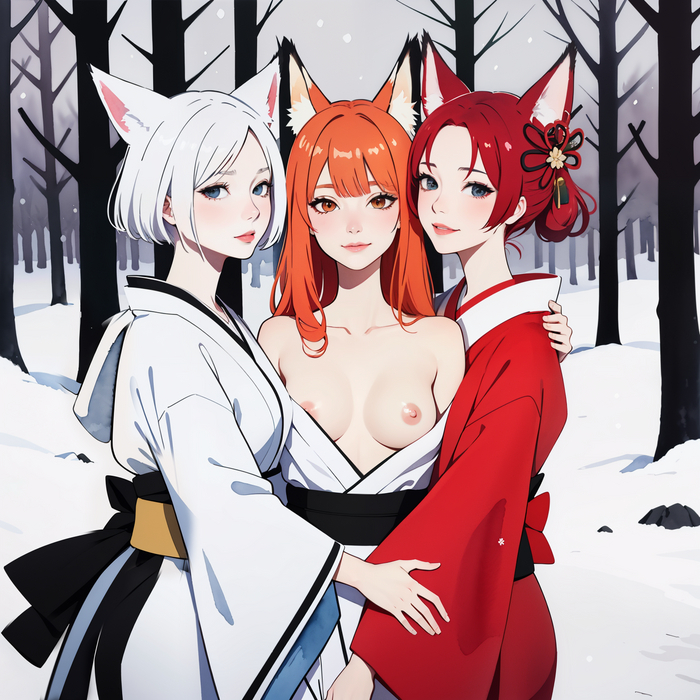 Witty title of a post about three foxes - NSFW, My, Neural network art, Нейронные сети, Girls, Art, Stable diffusion, Anime art, Original character, Kitsune, Fox, Kimono, Boobs, Winter, Forest