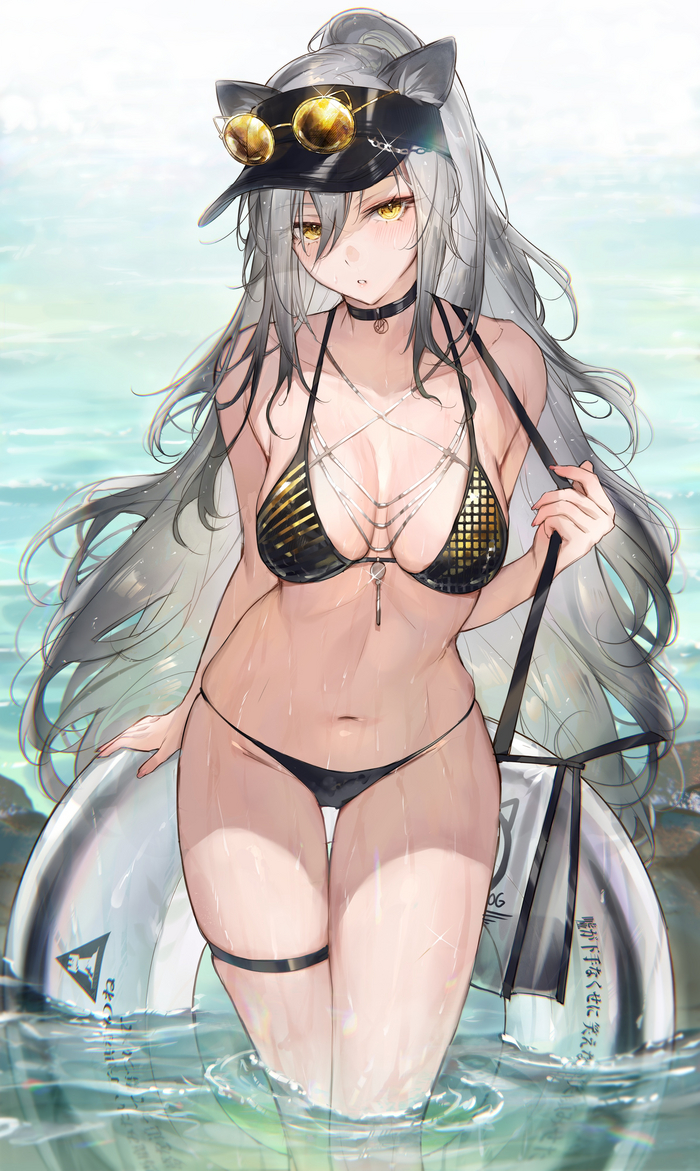 Continuation of the post Schwarz - NSFW, Reply to post, Anime art, Anime, Arknights, Schwarz, Animal ears, Swimsuit, Choker, Qiandai