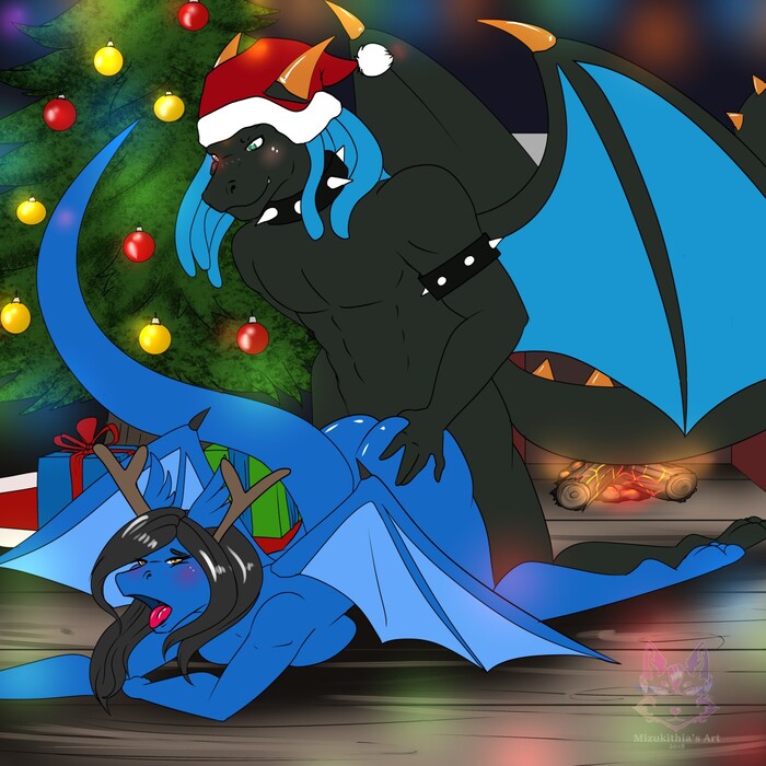 Christmas loving - NSFW, Арт, Furry Dragon, Furotica, Furotica male, Furotica female, Йифф, Цифровой рисунок, Дракон, Furry scalie, Новый Год, День рождения, Праздники