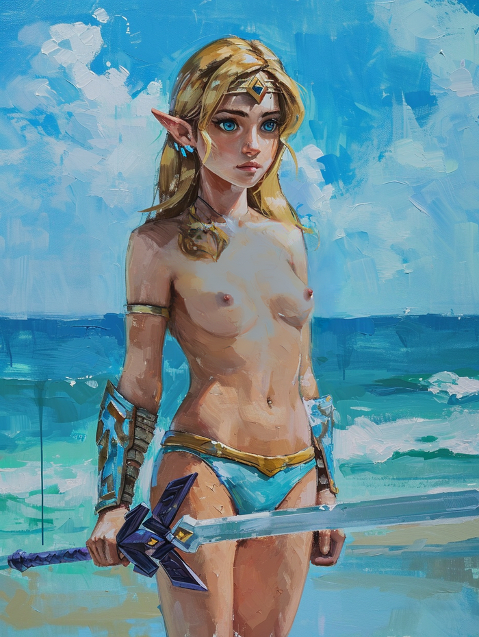 Princess Zelda oil painting - NSFW, My, Erotic, Game art, The legend of zelda, Princess zelda, Anime art, Anime, Neural network art, Midjourney, Drawing, Oil painting, Hand-drawn erotica, Girls, Topless, Underpants, Naked, Boobs, Sword, Blonde, Elves