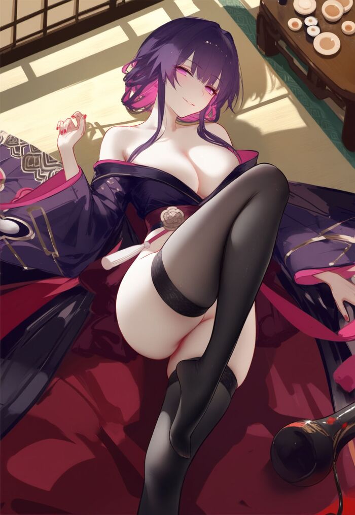 Seductive Kafka - NSFW, Boobs, Erotic, Kafka (Honkai: Star Rail), Anime, Neural network art, Hips, Stockings, Anime art, Honkai: Star Rail, Longpost