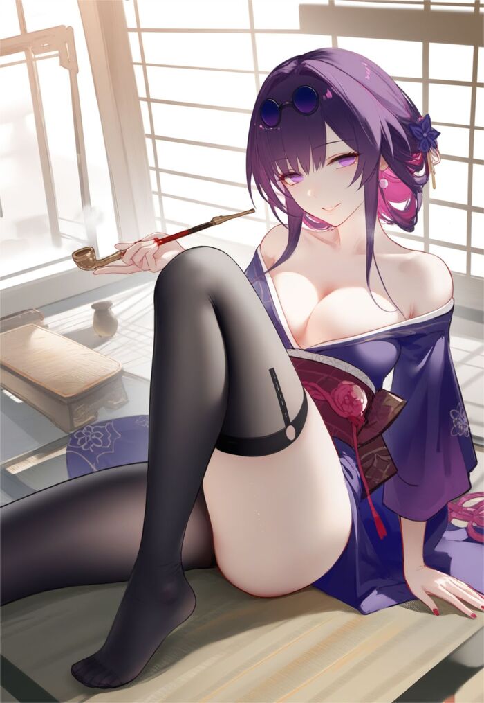 Seductive Kafka - NSFW, Boobs, Erotic, Kafka (Honkai: Star Rail), Anime, Neural network art, Hips, Stockings, Anime art, Honkai: Star Rail, Longpost