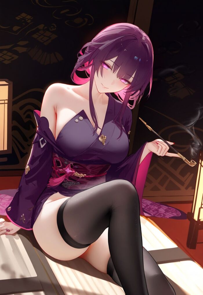 Seductive Kafka - NSFW, Boobs, Erotic, Kafka (Honkai: Star Rail), Anime, Neural network art, Hips, Stockings, Anime art, Honkai: Star Rail, Longpost