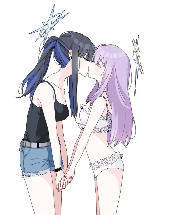 Saori & Atsuko - NSFW, Anime art, Anime, Yuri, Blue archive, Joumae Saori, Underwear, Kiss, Twitter (link)