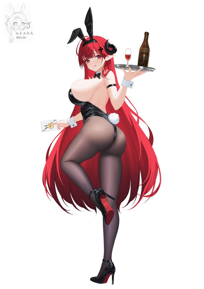 Bunny Hindenburg - NSFW, Anime, Anime art, Azur lane, Hindenburg, Bunnysuit, Bunny ears, Booty, Girl with Horns, Tights, High heels, Bunny tail