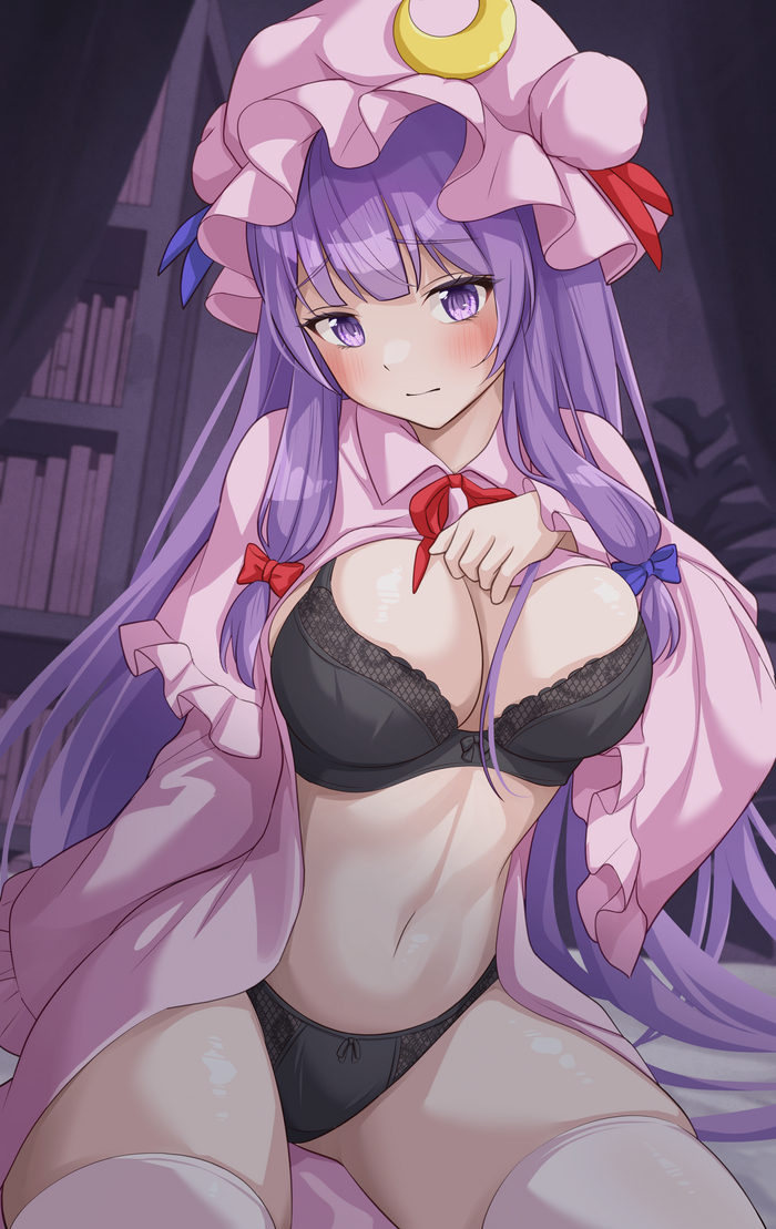 Patchouli Knowledge - NSFW, Erotic, Art, Anime, Anime art, Touhou, Patchouli Knowledge, Underwear, Pantsu, Stockings, Boobs, Hand-drawn erotica, Ramie