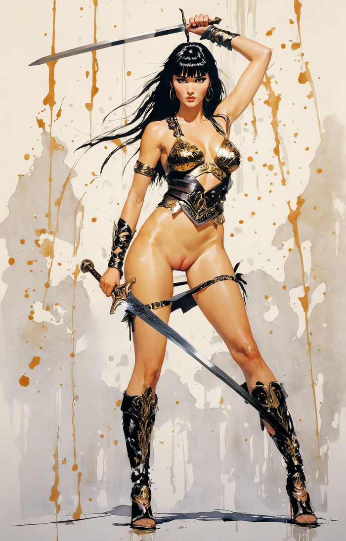 Warrior - NSFW, My, Neural network art, Stable diffusion, Erotic, Art, Pubis, Xena - the Queen of Warriors, Warrior, Swords and swords