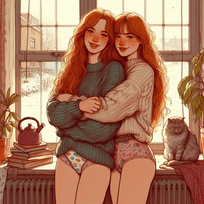 Red morning - NSFW, My, Neural network art, Нейронные сети, Art, Girls, Erotic, Redheads, Pullover, Underwear, Morning, cat, Winter, Longpost