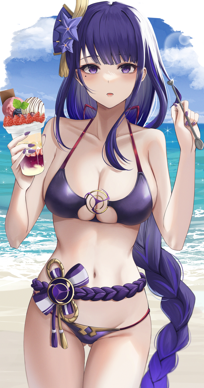 Hey - NSFW, Genshin impact, Anime art, Raiden Shogun (Genshin Impact), Art, Anime, Girls, Swimsuit, Bikini, Summer, Sea