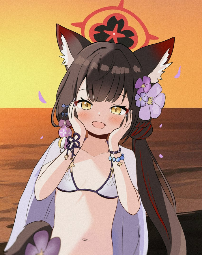 Two cuties look at each other - NSFW, Anime, Anime art, Blue archive, Kosaka Wakamo, Animal ears, Kitsune, Swimsuit