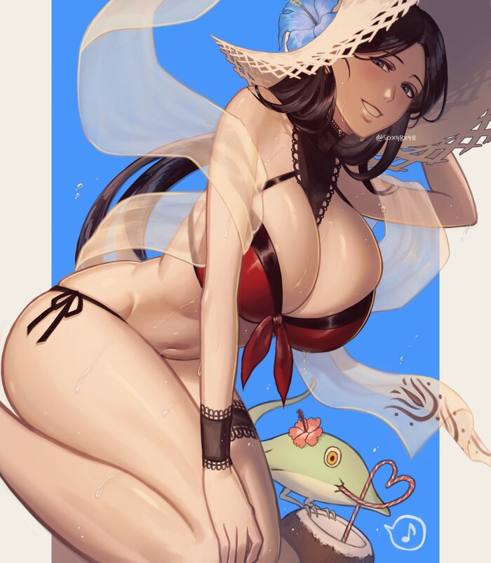 Beach episode - NSFW, Art, Anime, Anime art, Hand-drawn erotica, Bleach, Unohana, Swimsuit, MILF, Twitter (link)