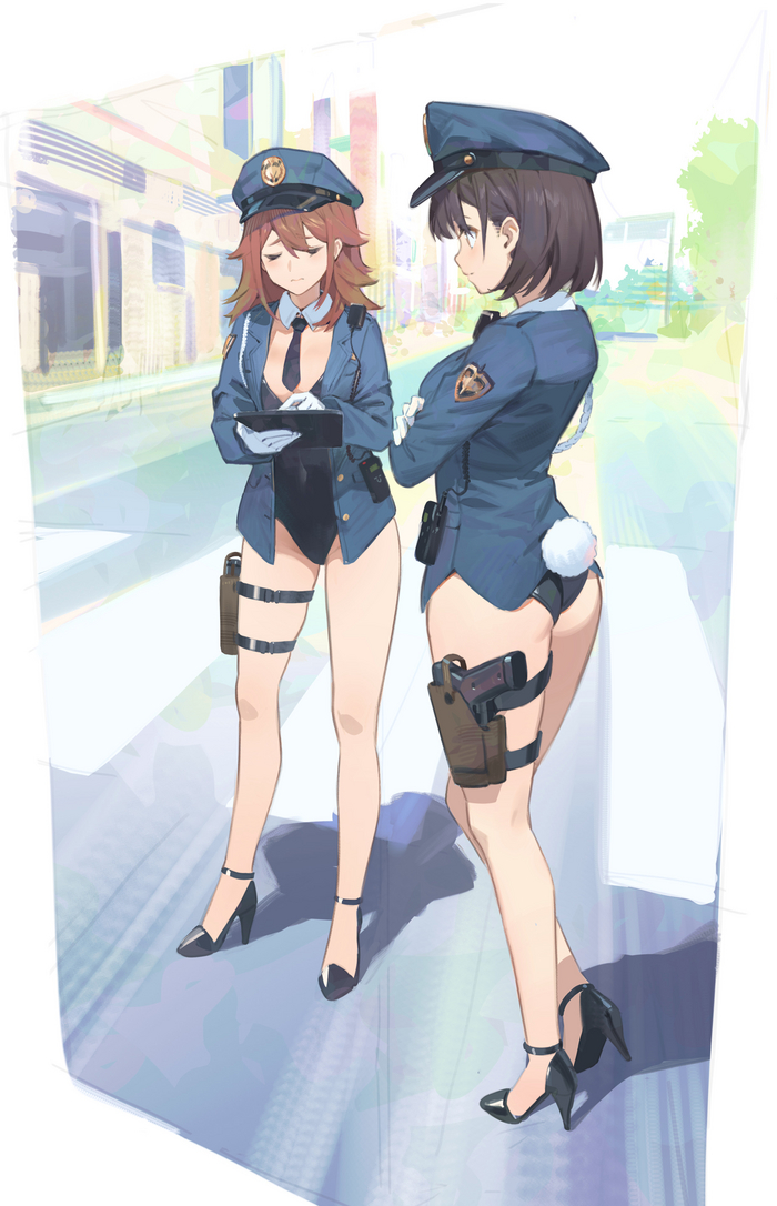 The new uniform is a bit embarrassing - NSFW, Anime, Anime art, Original character, Bunnysuit, Bunny tail, Police