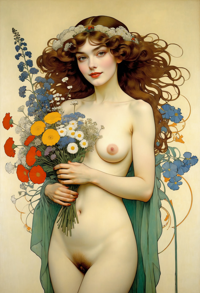 With a bouquet of flowers - NSFW, My, Neural network art, Stable diffusion, Art, Erotic, Boobs, Flowers, Pubis, Naked
