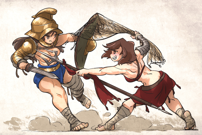 Myrmillion vs Ritarius - Classic Gladiatorial Fight - NSFW, Vanishlily, Art, Anime, Anime art, Original character, Ancient Rome, The Roman Empire, Gladiator, Hand-drawn erotica