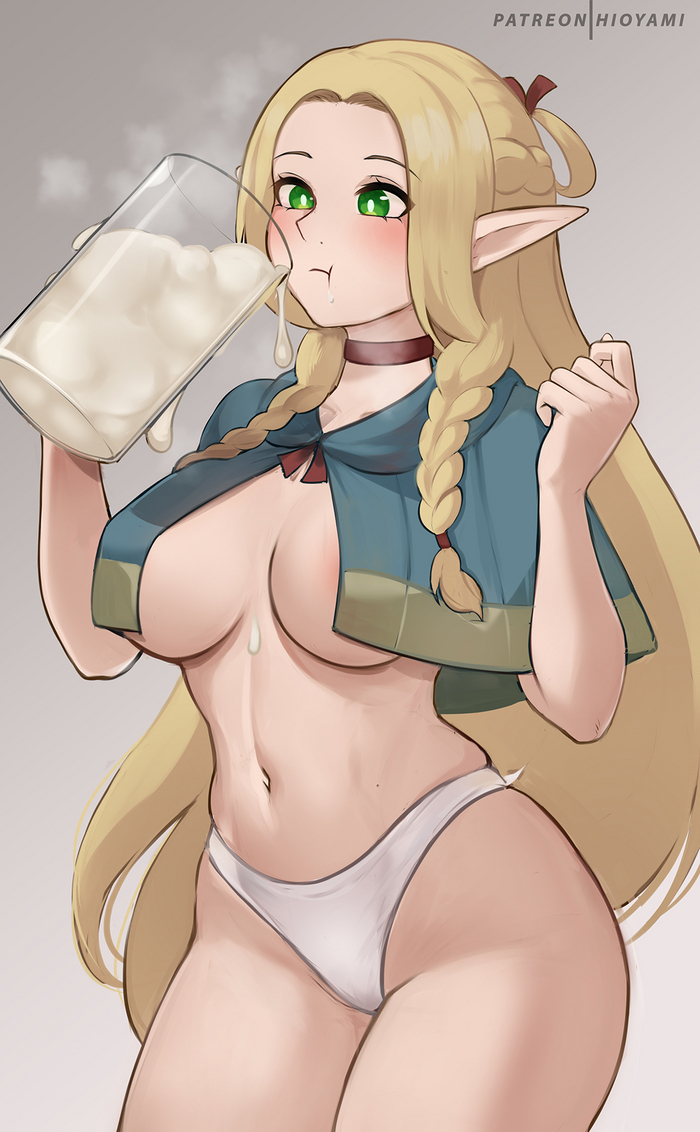 A protein shake is just right after a hard workout - NSFW, Anime, Anime art, Boobs, Marcille Donato, Dungeon Meshi, Pantsu, Choker, Twitter (link)