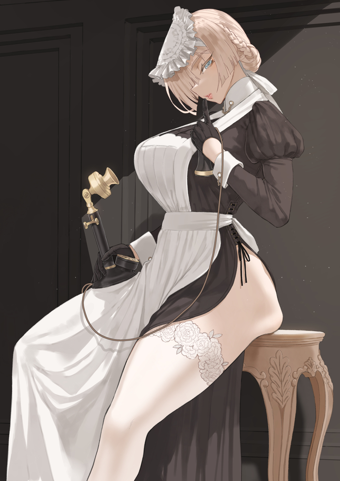 At the device - NSFW, Art, Anime art, Original character, Housemaid, Girls, Erotic, Hand-drawn erotica, Underwear, Stockings, Throtem, Boobs, Longpost