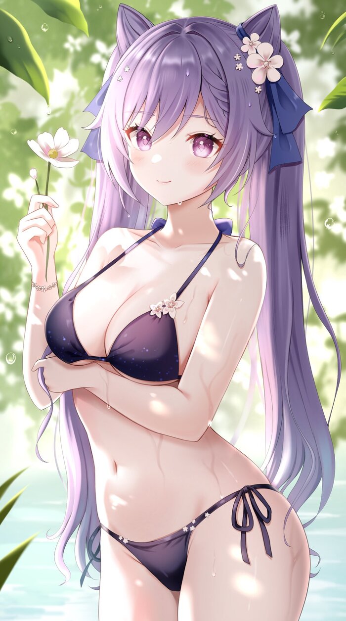 Ke Qing - NSFW, Anime art, Genshin impact, Keqing (Genshin Impact), Anime, Games, Girls, Swimsuit, Bikini, Water