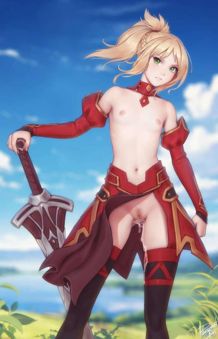 Saber of Red - NSFW, Art, Anime, Anime art, Fate, Fate apocrypha, Mordred, Girls, Erotic, Hand-drawn erotica, Without underwear, Stockings, Boobs, Pubis, Pubes, Labia, Sperm, Sword, Personalami, Longpost