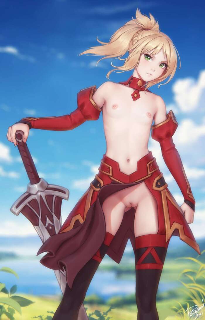 Saber of Red - NSFW, Арт, Аниме, Anime Art, Fate, Fate Apocrypha, Mordred, Девушки, Эротика, Рисованная эротика, Без белья, Чулки, Сиськи, Лобок, Волосы на лобке, Половые губы, Сперма, Меч, Personalami, Длиннопост