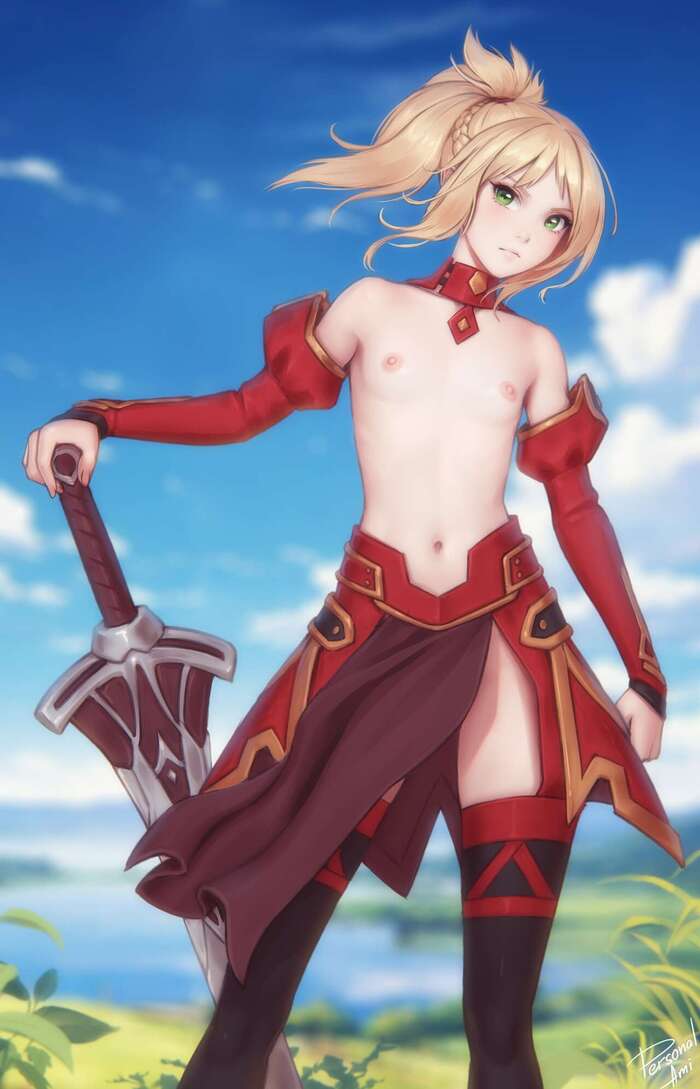 Saber of Red - NSFW, Арт, Аниме, Anime Art, Fate, Fate Apocrypha, Mordred, Девушки, Эротика, Рисованная эротика, Без белья, Чулки, Сиськи, Лобок, Волосы на лобке, Половые губы, Сперма, Меч, Personalami, Длиннопост